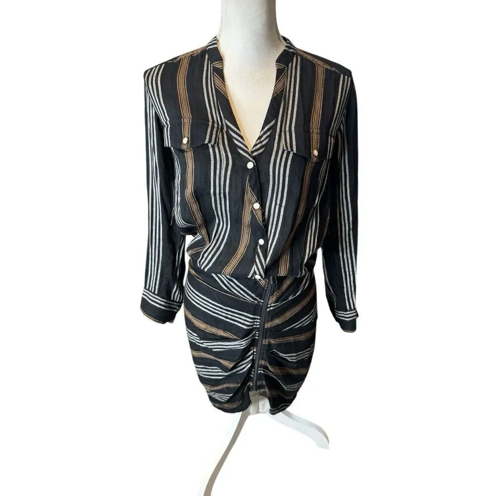 Revolve VERONICA BEARD Emory Ruched Cargo Shirt Dress Striped Black Multi Size 0